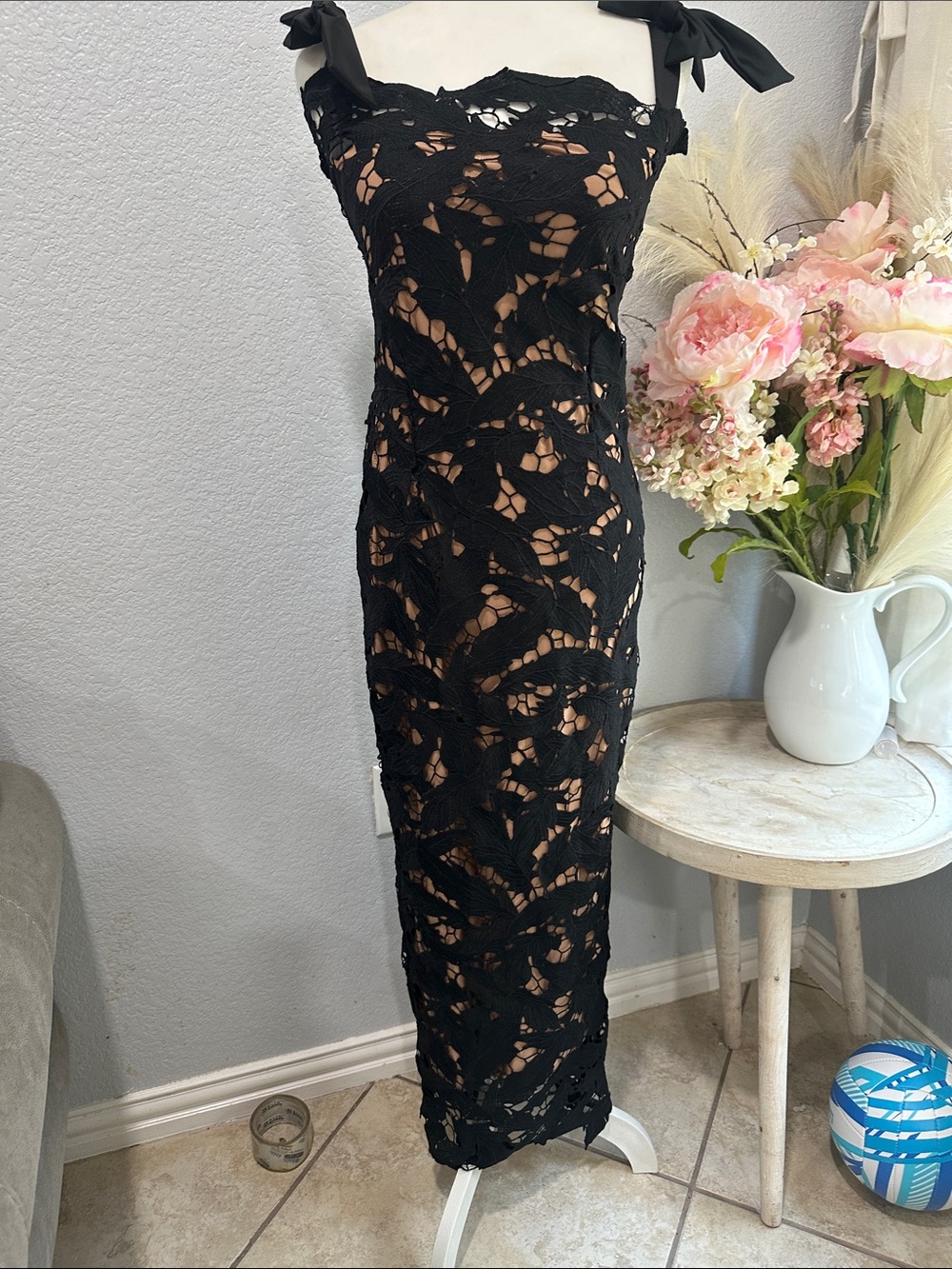 Black Lace Midi Dress with Tie Shoulder Straps